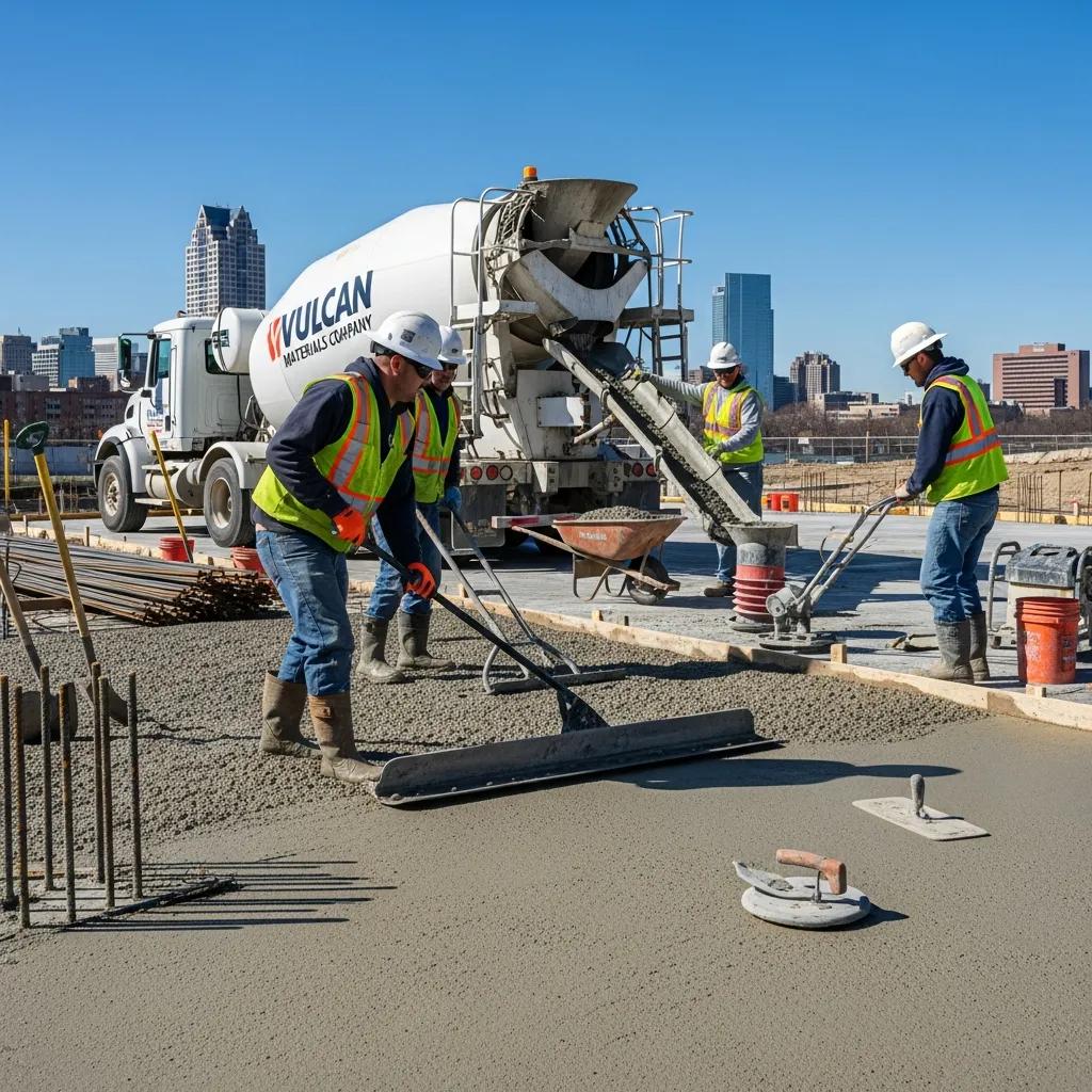 Construction workers pouring concrete at a job site in Milwaukee, showcasing job opportunities in the concrete industry with a concrete mixer truck in the background.