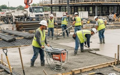 Construction workers pouring concrete for a slab, showcasing proper thickness techniques in a commercial project, emphasizing expert advice from Morici Bros Concrete.