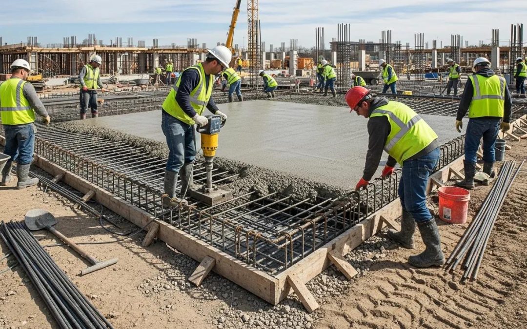 Construction workers reinforcing commercial concrete with steel rebar at a construction site