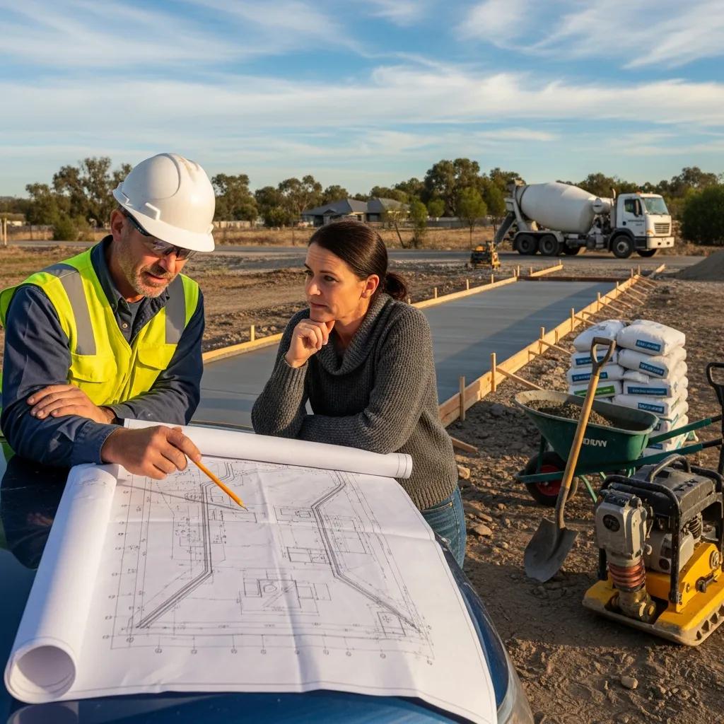 Contractor and homeowner discussing concrete driveway installation plans with blueprints at a construction site, concrete mixer truck and construction equipment in background.