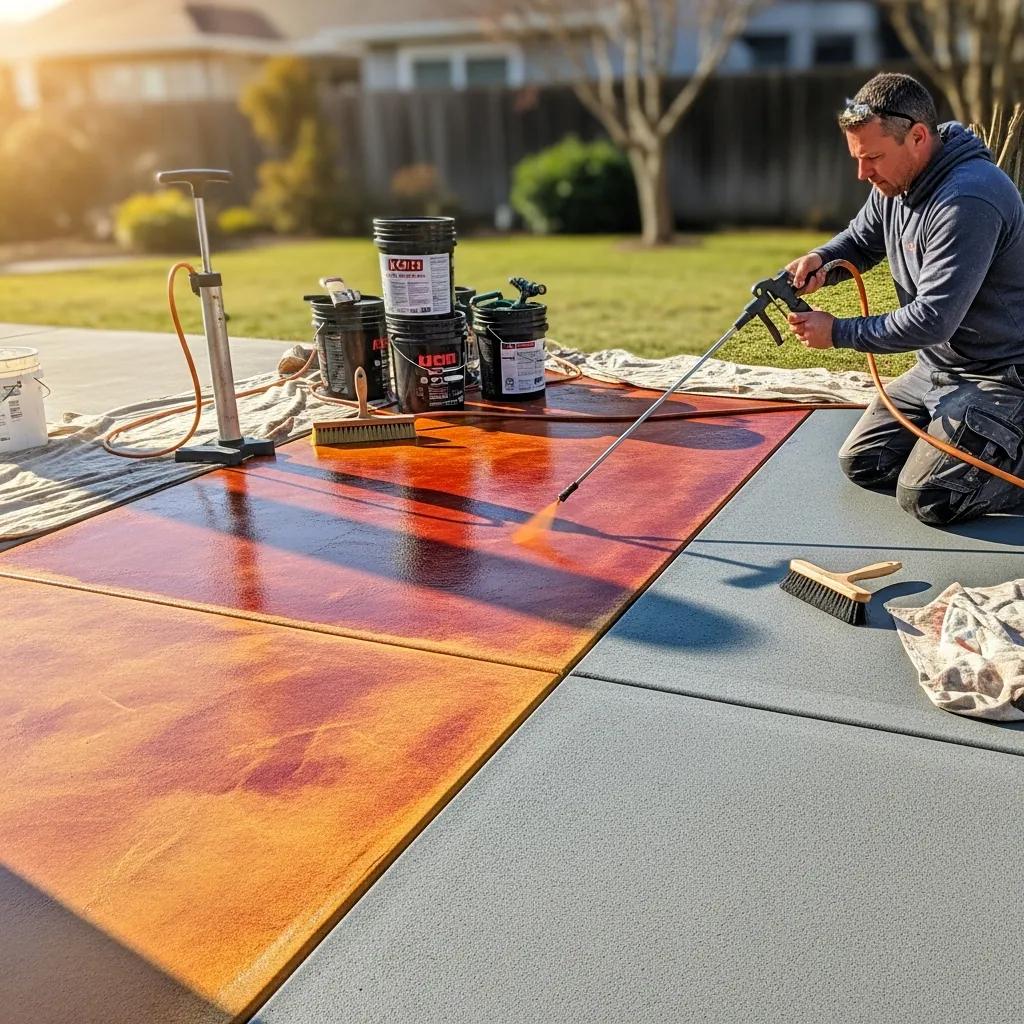 Contractor applying acid stain to concrete surface, showcasing decorative techniques with vibrant colors, tools, and materials for enhancing outdoor aesthetics.