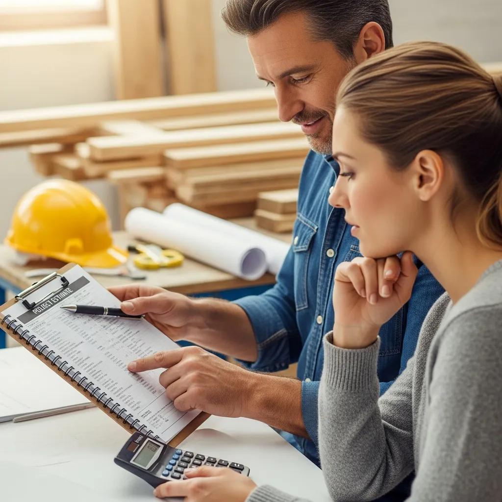 Contractor discussing project estimates with homeowner, reviewing pricing details on a clipboard and calculator, construction setting with tools and materials in background.