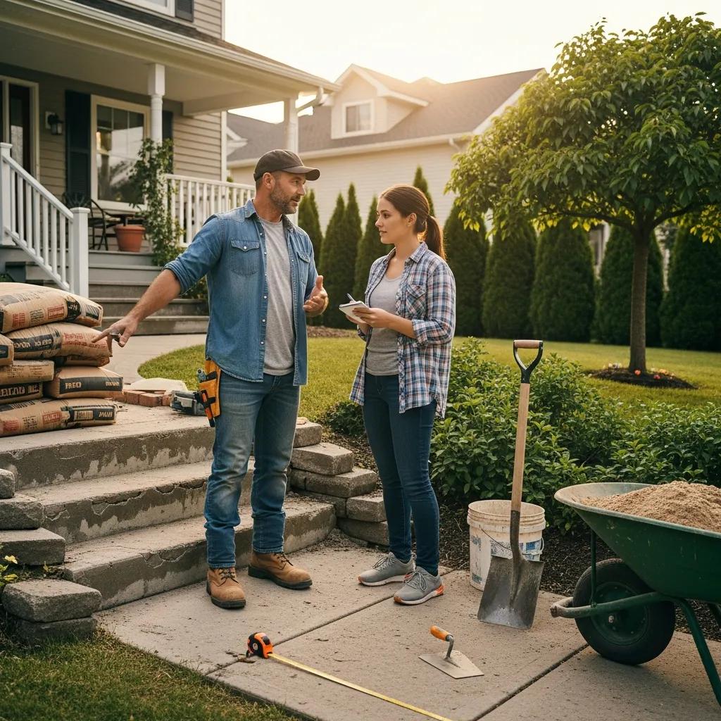 Contractor discussing concrete step replacement with homeowner, showcasing materials and tools in a residential setting.