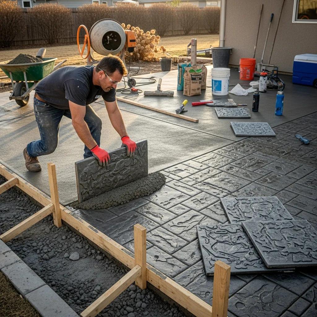 Contractor installing stamped concrete patio, showcasing stamping process and tools, with a wheelbarrow and mixer in background.