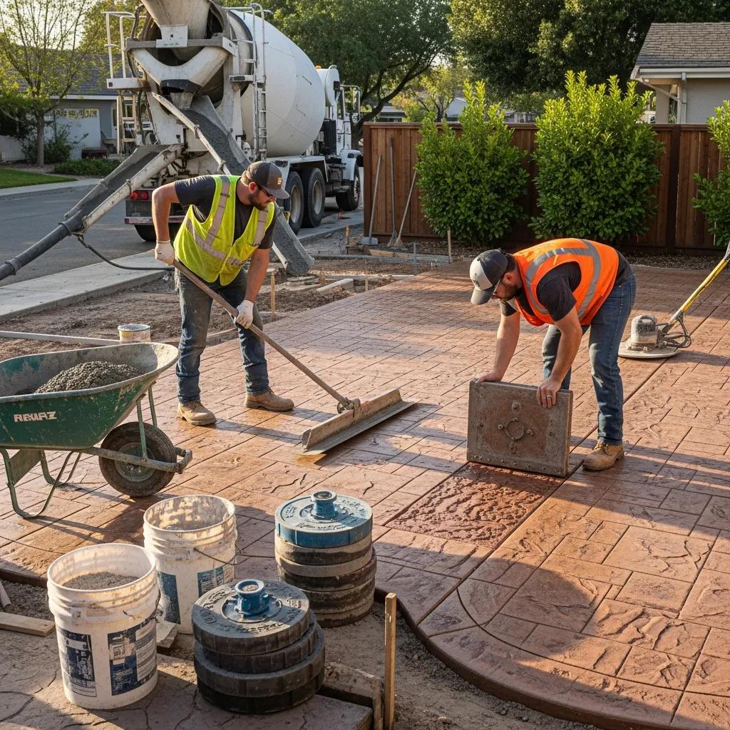 Contractor installing stamped concrete, showcasing the pouring and stamping process
