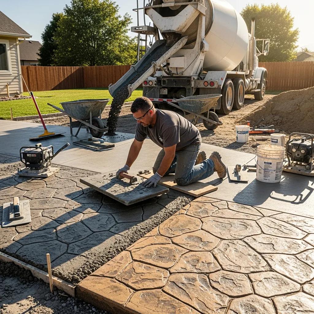 Contractor installing stamped concrete, showcasing the pouring and stamping process