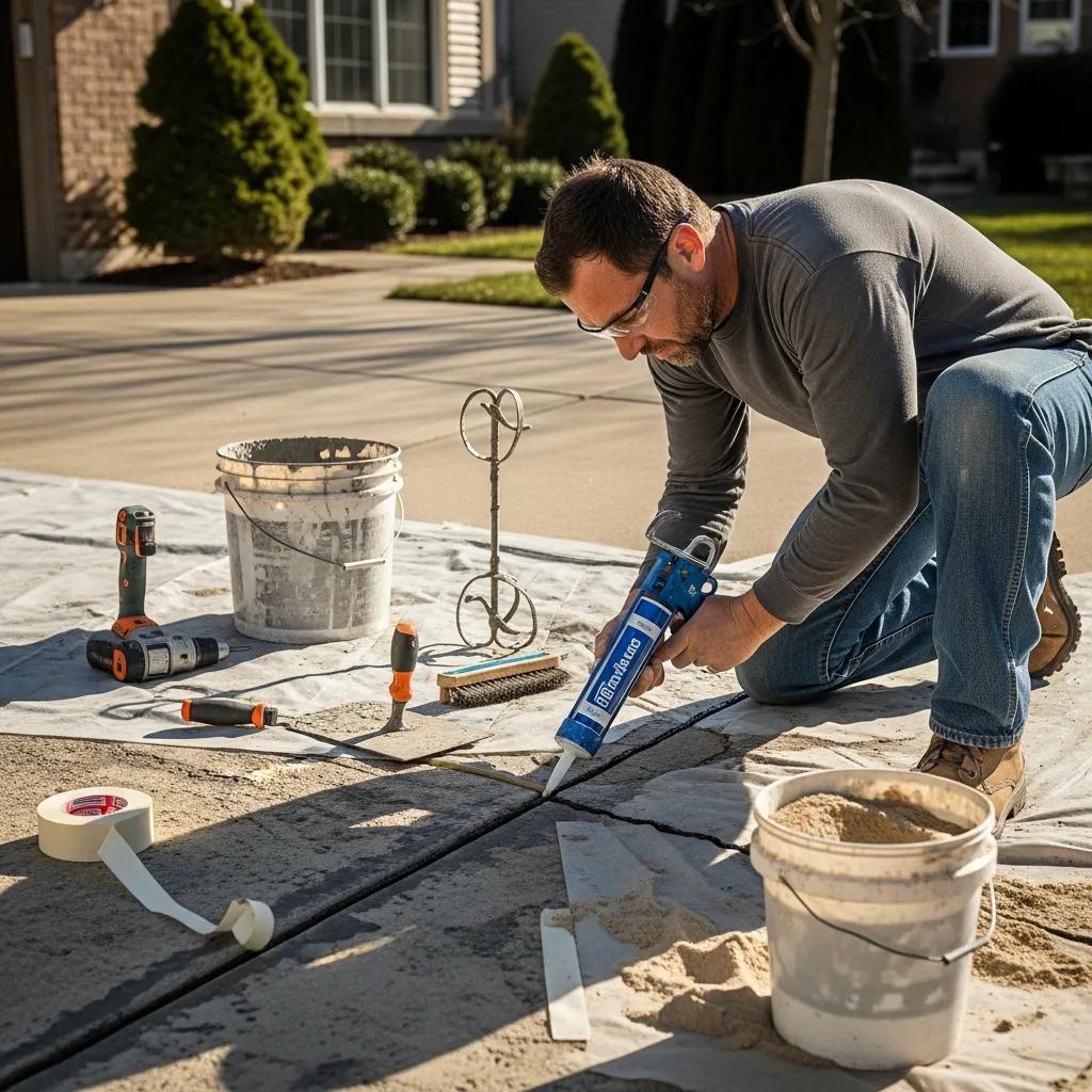 Contractor performing concrete driveway repair using tools, caulking gun, and materials for crack filling and maintenance.