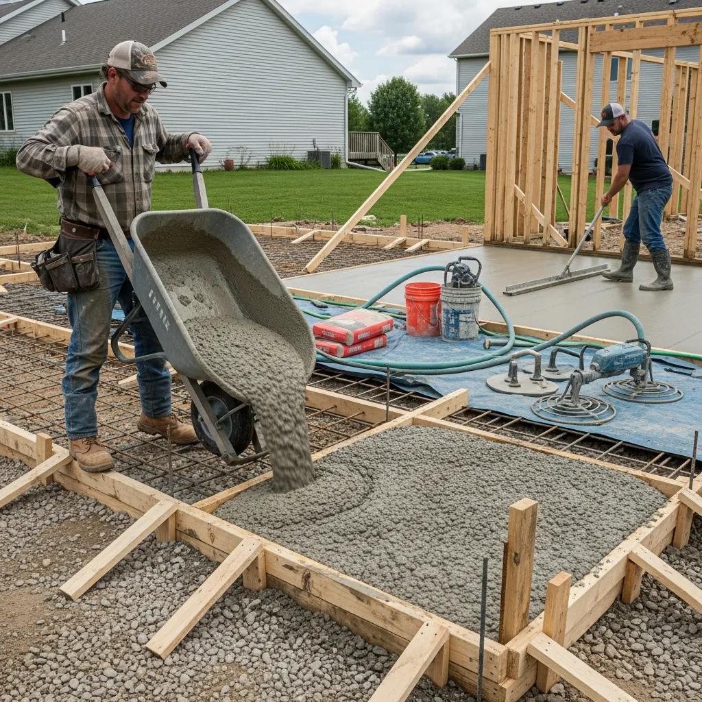 Contractor pouring concrete into forms during garage floor installation, showcasing craftsmanship and construction process in Franklin, WI.