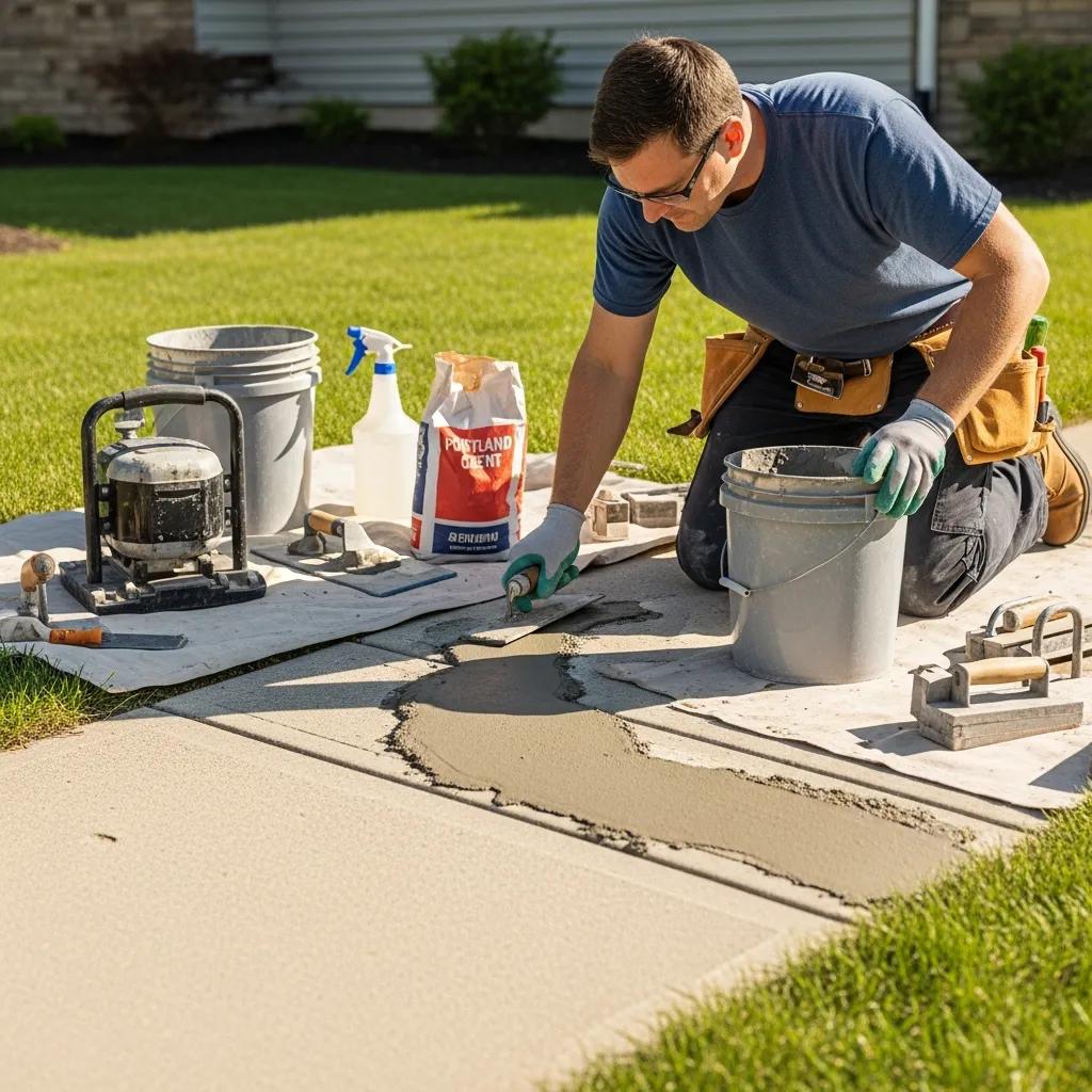 Contractor repairing a cracked sidewalk, illustrating the importance of maintenance and safety