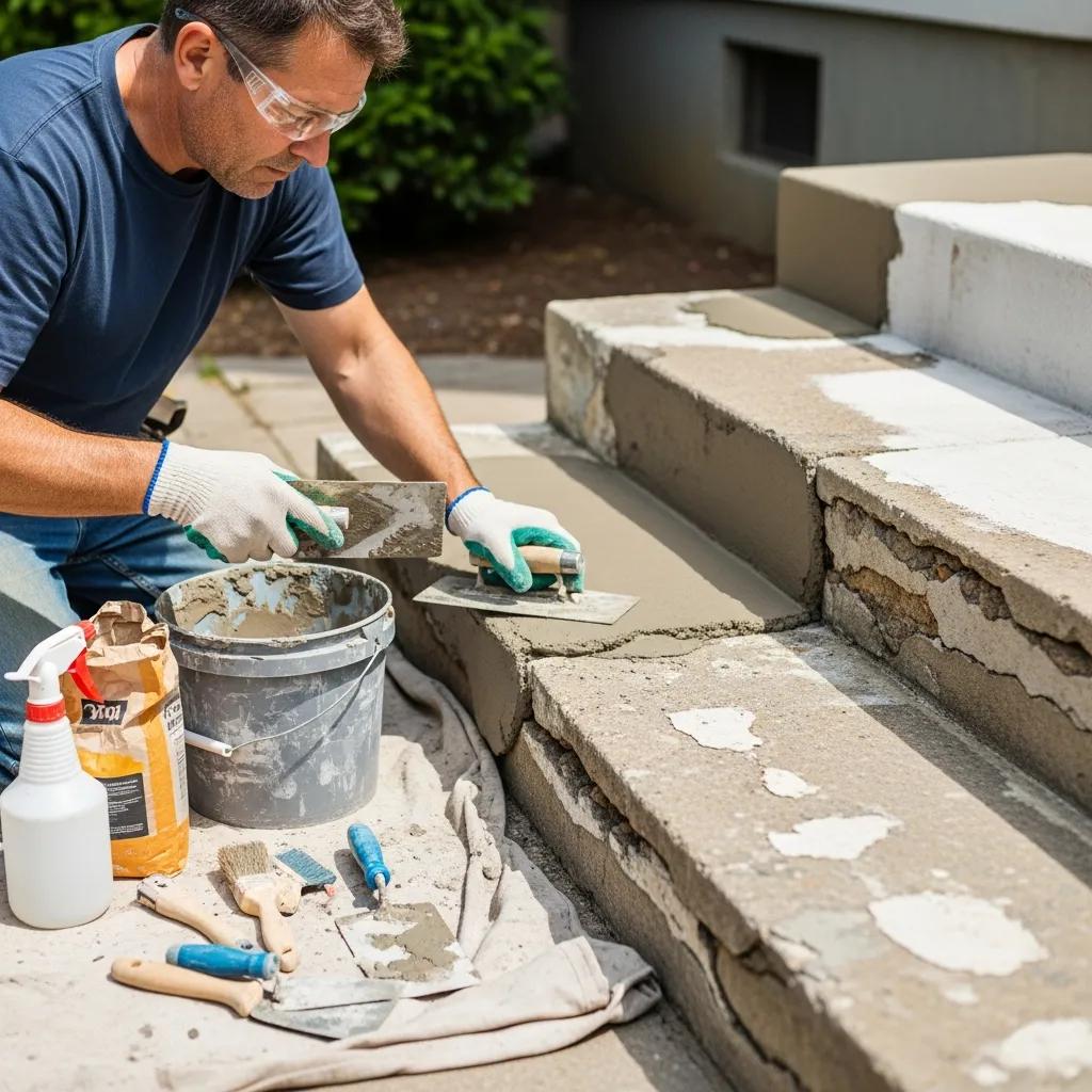 Man applying repair techniques to cracked concrete steps, highlighting maintenance importance for longevity and safety of concrete stairs.