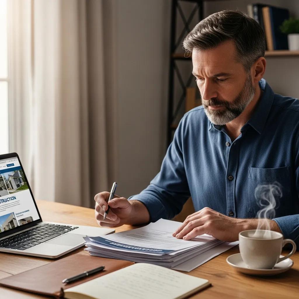 Man reviewing concrete project documents at a desk with a laptop displaying construction information, coffee cup, and paperwork, emphasizing contractor licensing and project planning in Syracuse, NY.