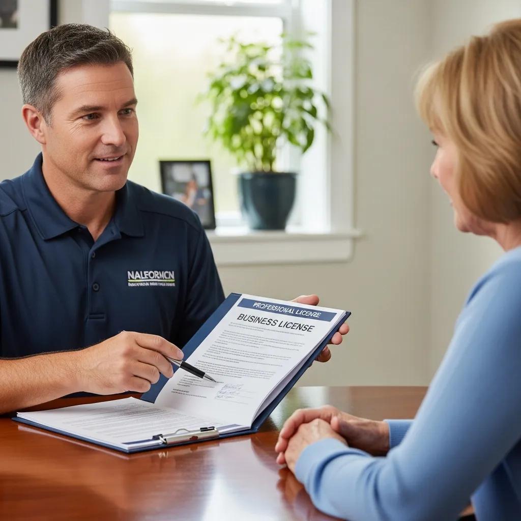 Contractor presenting business license and insurance documents to a homeowner during a consultation.