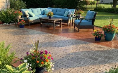 Custom concrete patio with stamped and stained finishes, featuring outdoor seating and vibrant flower pots in Waukesha, WI.