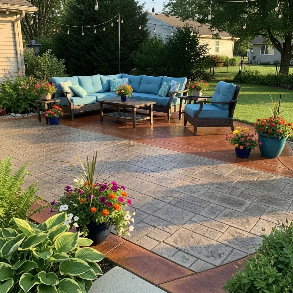 Custom concrete patio in Waukesha, WI, featuring stamped and stained finishes, surrounded by vibrant flower pots and comfortable outdoor seating.