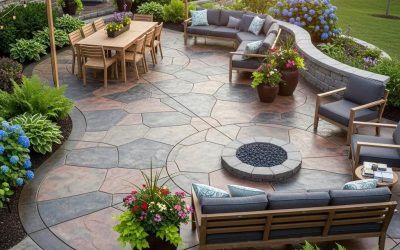 Custom concrete patio in a residential backyard featuring unique designs, outdoor seating, and vibrant landscaping in New Berlin, WI.