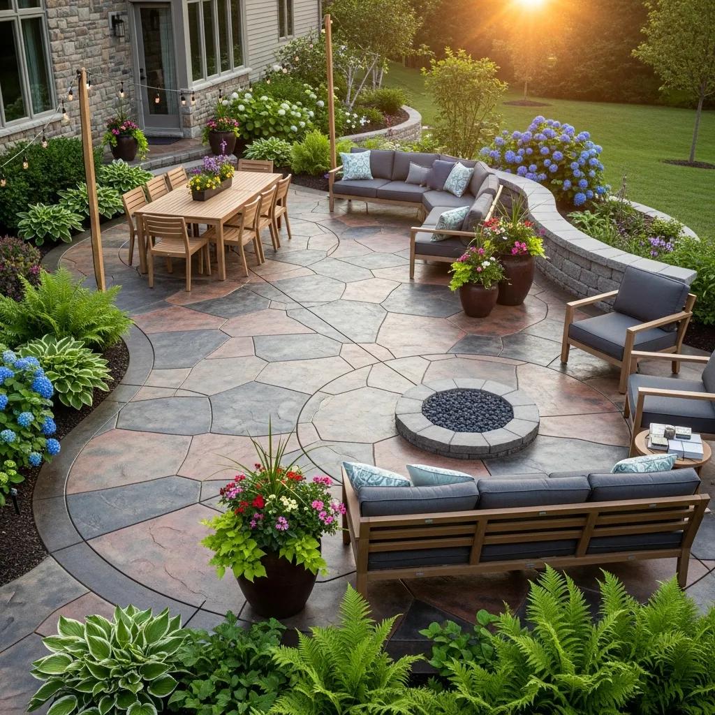 Custom concrete patio in a residential backyard featuring unique designs, outdoor seating area, dining table, fire pit, and vibrant landscaping in New Berlin, WI.