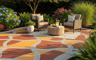 Custom concrete patio with vibrant colors and intricate designs, featuring seating area with two chairs and a round table, surrounded by lush greenery and blooming flowers in a residential backyard.