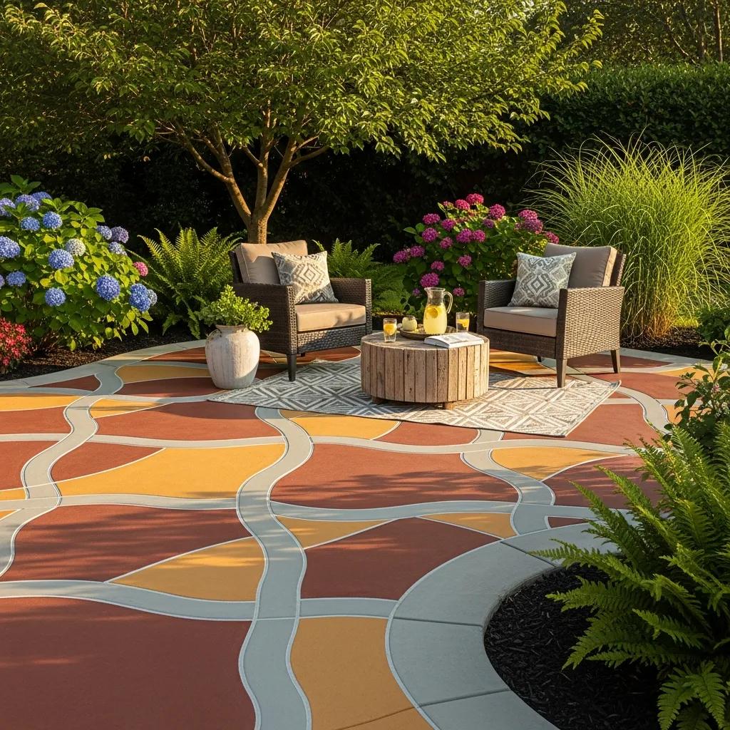 Custom concrete patio with intricate designs and vibrant colors in a residential backyard, featuring comfortable seating, a wooden coffee table, and lush greenery.