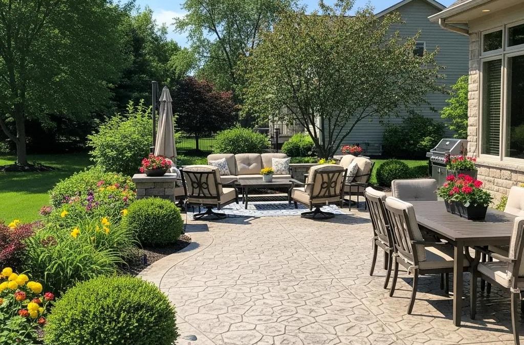 Custom concrete patio in Greenfield, WI, showcasing decorative stone patterns and outdoor living space