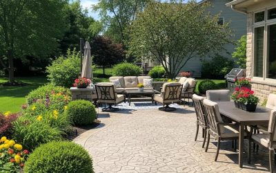 Custom concrete patio with decorative stone patterns, outdoor seating area, and lush landscaping in Greenfield, WI, showcasing a stylish outdoor living space.
