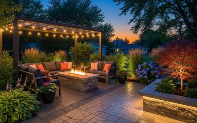Custom concrete patio with stamped design, cozy seating area, fire pit, and decorative landscaping, showcasing outdoor living space in Oak Creek, WI.