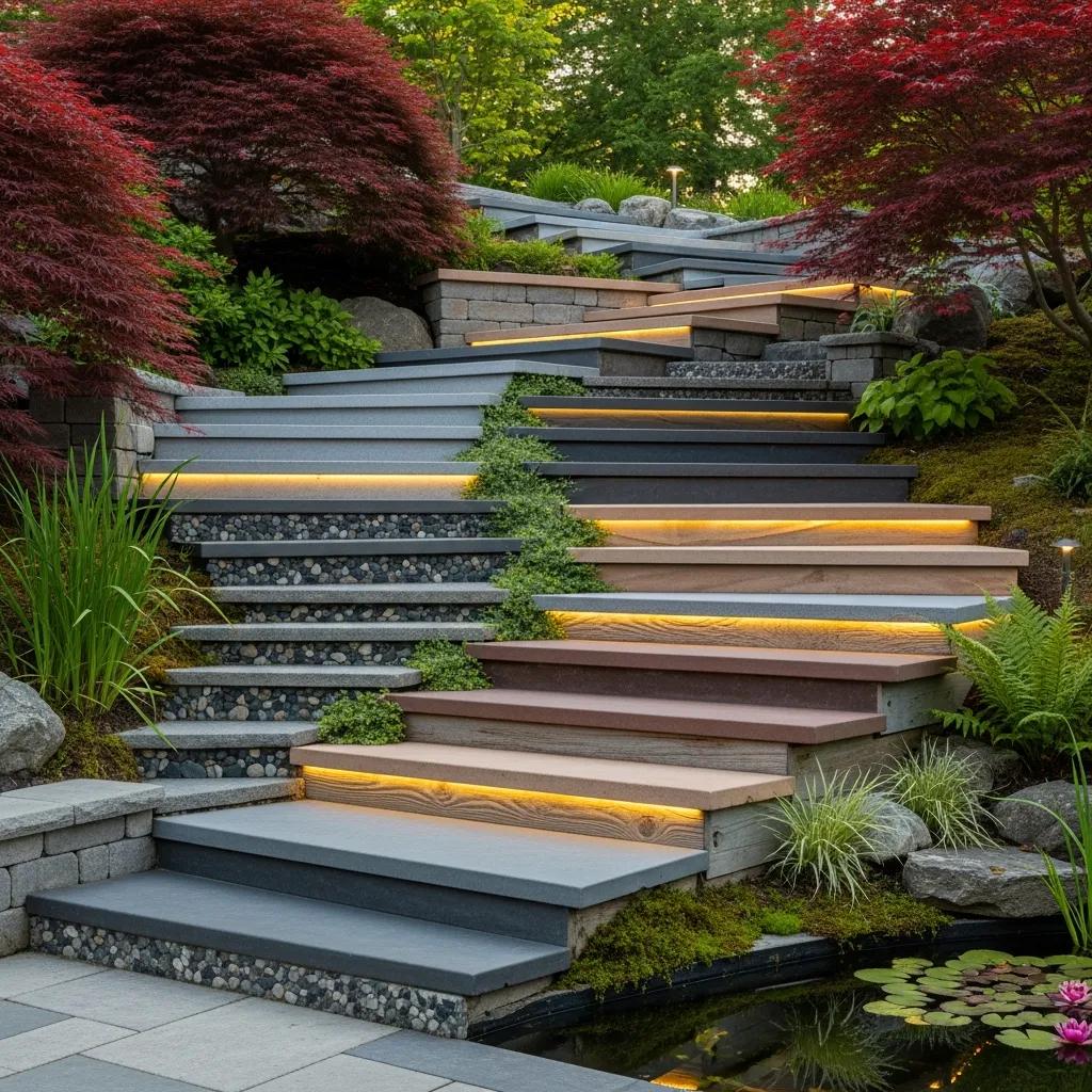 Custom concrete stairs with unique designs and finishes, featuring integrated lighting, surrounded by lush greenery and decorative landscaping in an outdoor setting.