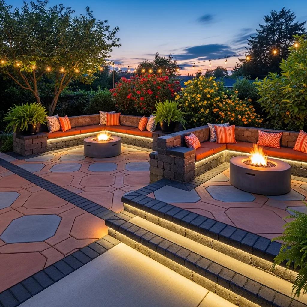 Customized concrete patio with unique patterns and integrated lighting