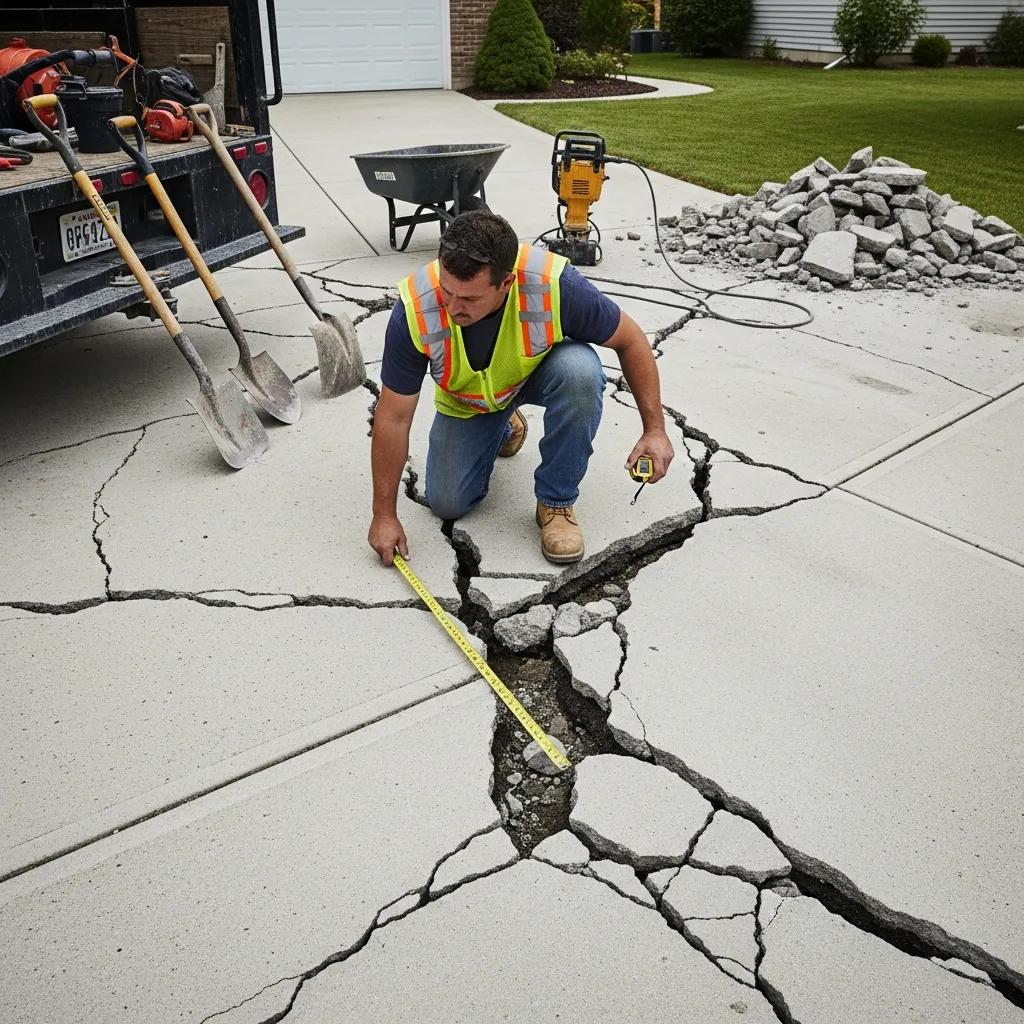 Worker measuring large cracks in damaged concrete driveway, indicating need for replacement, with tools and equipment nearby.