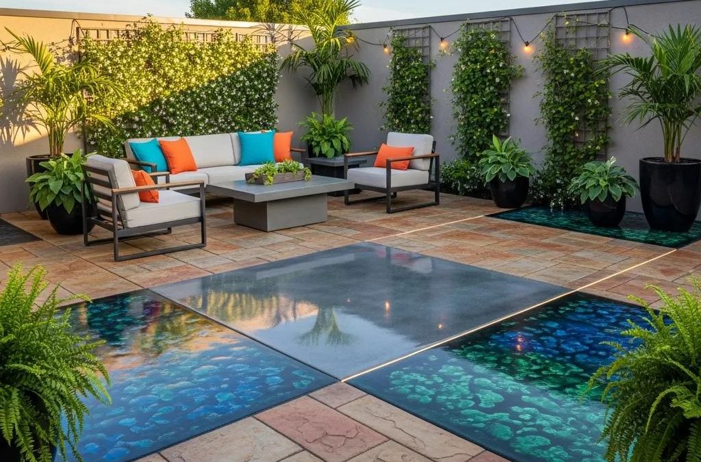 Modern outdoor patio featuring decorative concrete finishes, stylish seating area with cushions, potted plants, and vibrant lighting.
