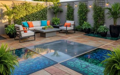 Modern outdoor patio featuring decorative concrete finishes, comfortable seating with colorful cushions, lush greenery, and stylish design elements, emphasizing quality concrete solutions for home transformation.