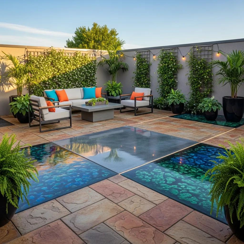 Modern outdoor patio featuring decorative concrete finishes, stylish seating with vibrant cushions, lush greenery, and unique patterned flooring, enhancing aesthetic appeal and functionality.