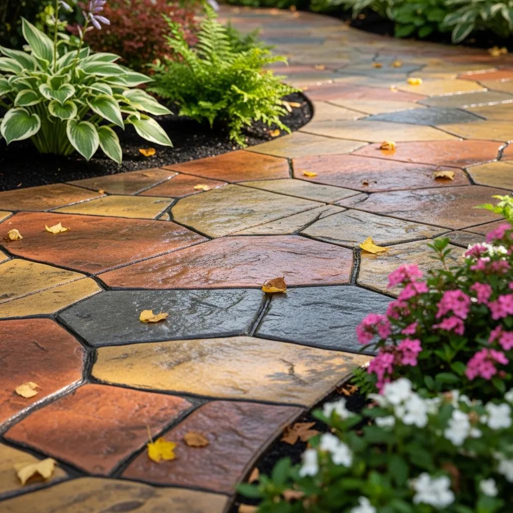 Decorative concrete walkway with stamped patterns in vibrant colors, surrounded by lush greenery and flowers, illustrating aesthetic options for sidewalk construction.