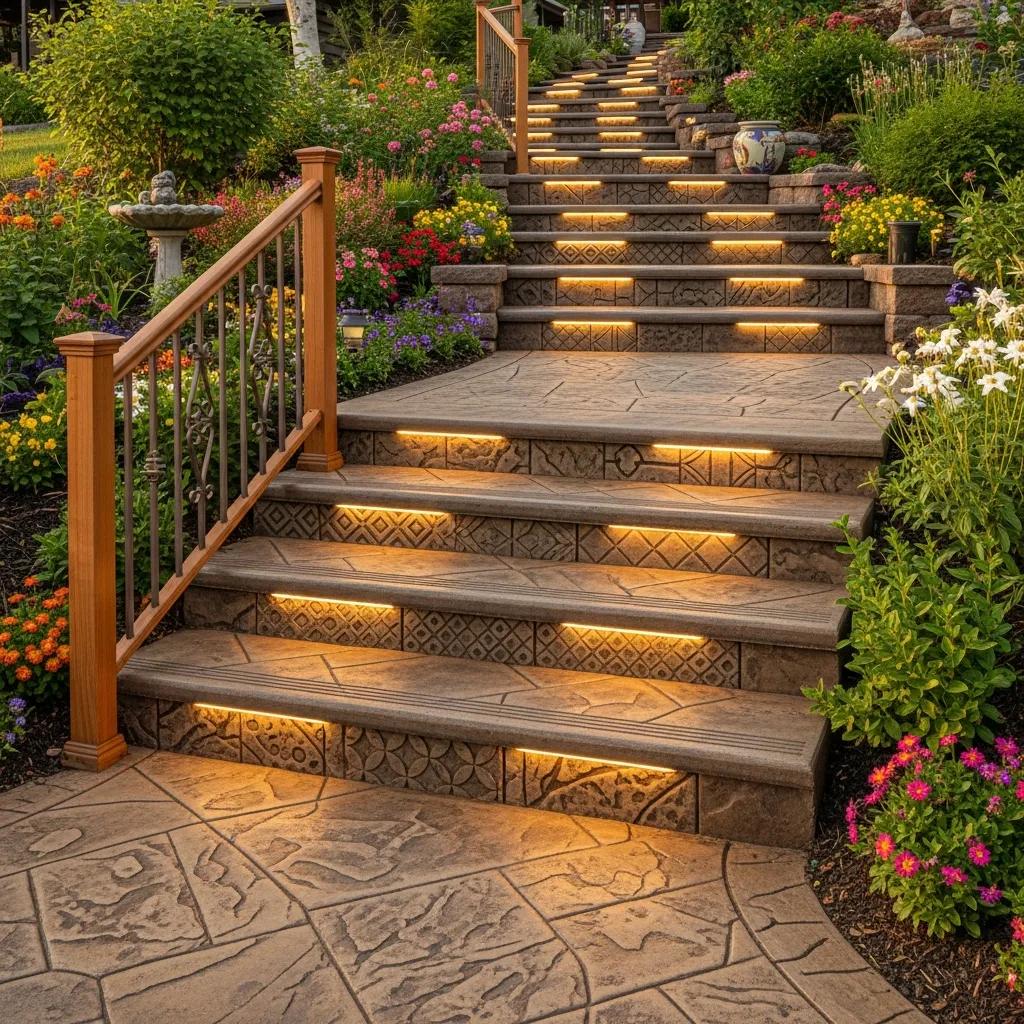 Decorative residential concrete steps with stamped patterns and colored finishes