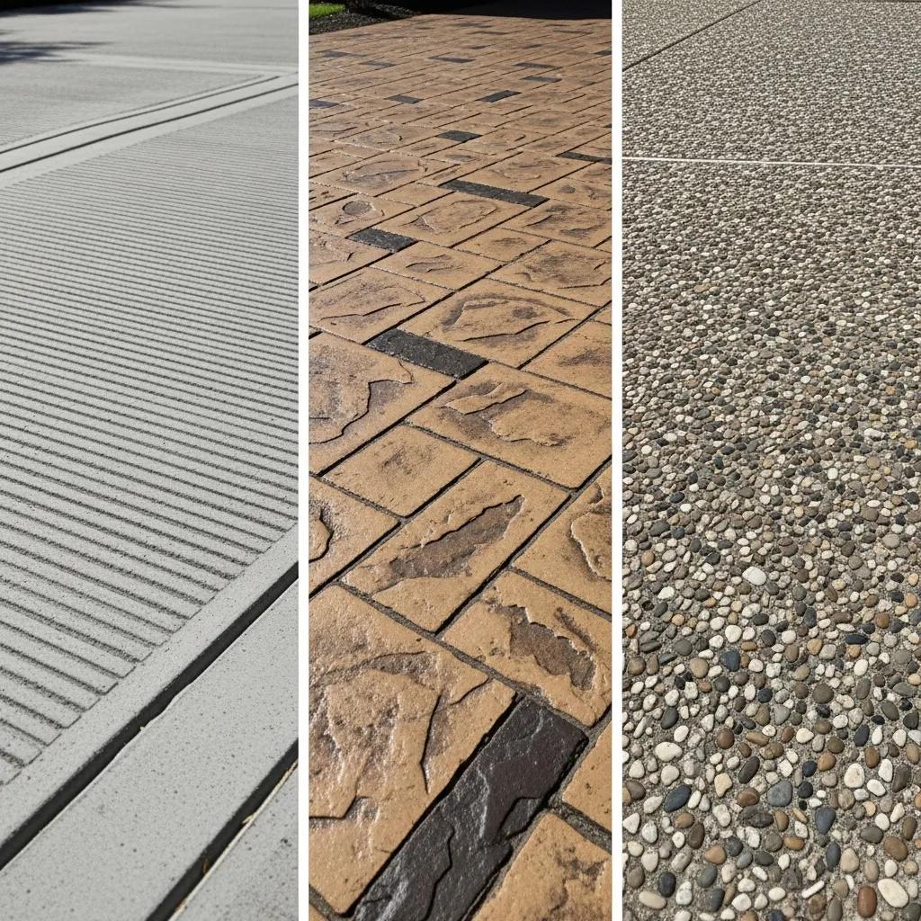 Different concrete driveway finishing options: broom finish for traction, stamped concrete for aesthetic appeal, and exposed aggregate for unique texture.