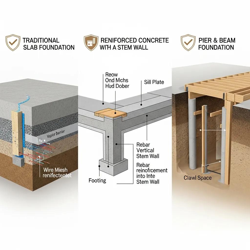 Illustration of different concrete foundation types: traditional slab foundation, reinforced concrete with a stem wall, and pier and beam foundation, highlighting structural components and reinforcement methods.