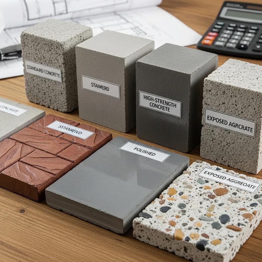 Different types of concrete samples including standard, stamped, high-strength, polished, and exposed aggregate, displayed on a wooden table with a calculator and construction plans in the background.