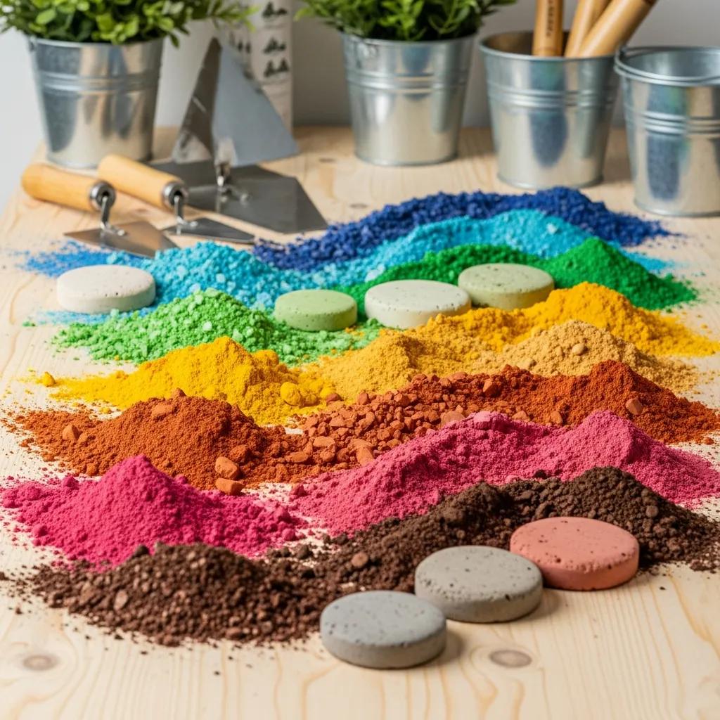 Vibrant eco-friendly concrete pigments in various colors arranged in mounds, showcasing customization options for sustainable concrete projects.