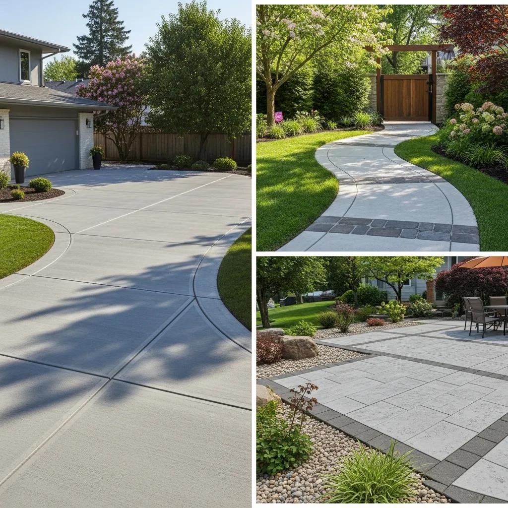 Diverse residential cement projects featuring a smooth driveway, curving walkway, and stylish patio, showcasing quality craftsmanship and landscaping.