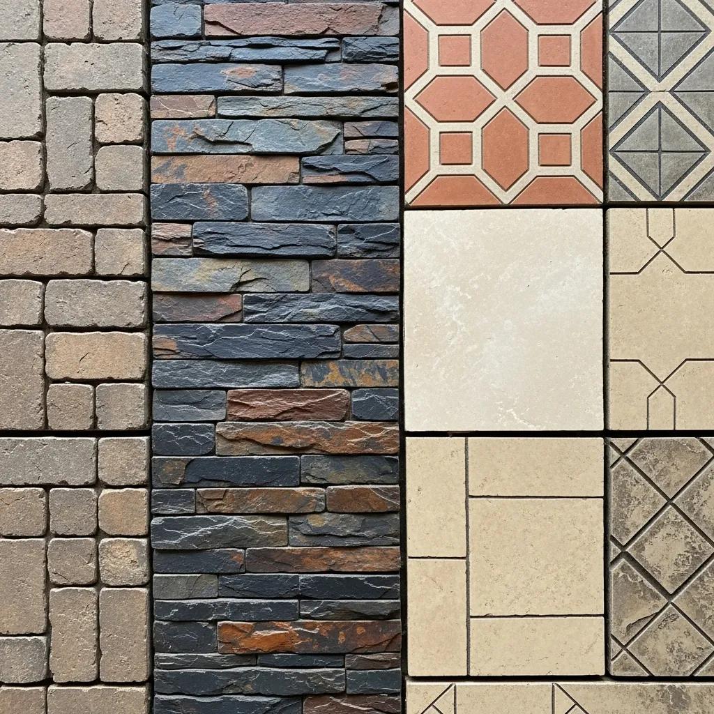 Diverse stamped concrete patterns showcasing design options for outdoor spaces