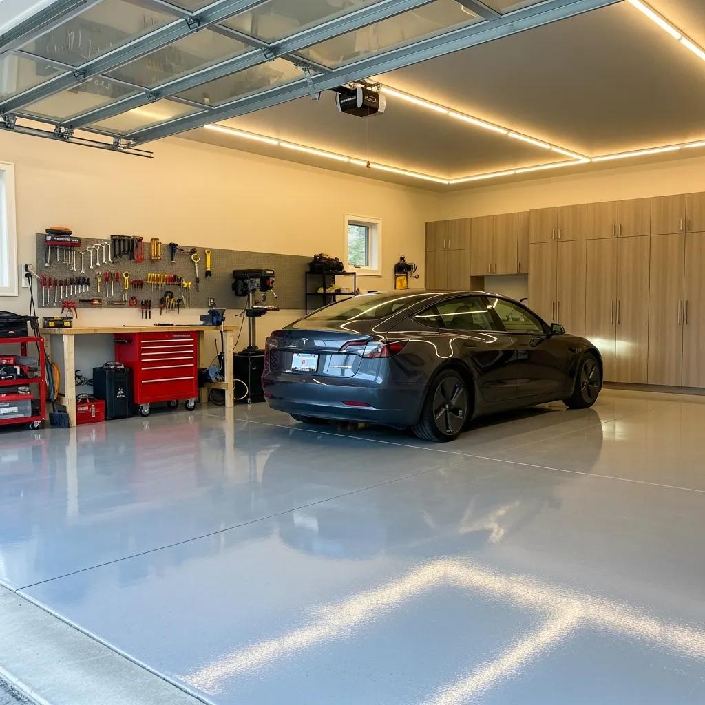 Durable concrete garage floor with a sleek finish, featuring a parked vehicle, organized tool storage, and well-lit interior in a residential garage setting.