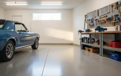 Durable concrete garage floor with classic blue vehicle, showcasing functionality and aesthetic appeal in a well-organized garage space.