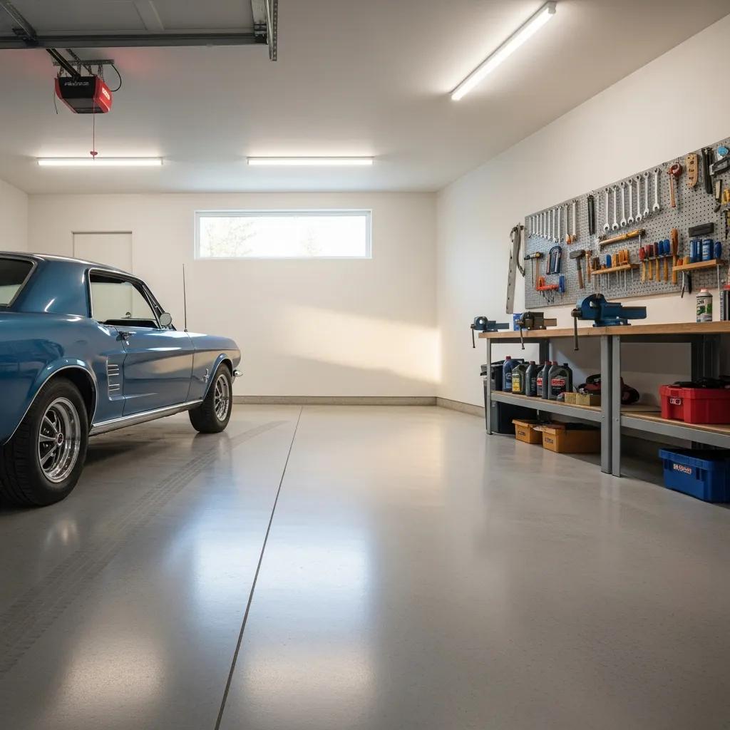 Durable concrete garage floor featuring a classic blue vehicle, showcasing a well-organized workspace with tools and storage, emphasizing functionality and aesthetic appeal for homeowners in Oak Creek, WI.