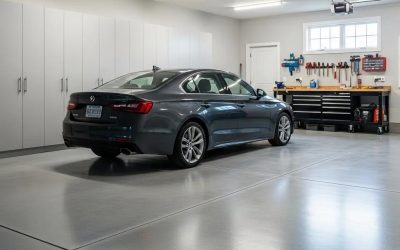 Durable concrete garage floor with a parked vehicle, showcasing modern installation and functionality in a well-organized garage setting.