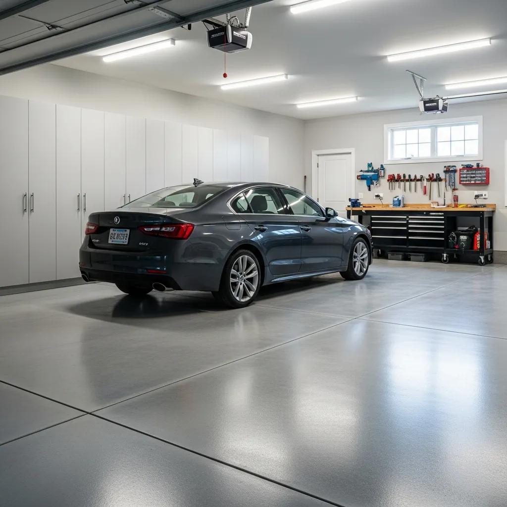 Durable concrete garage floor with a parked vehicle, showcasing modern installation and organized workspace in Franklin, WI.