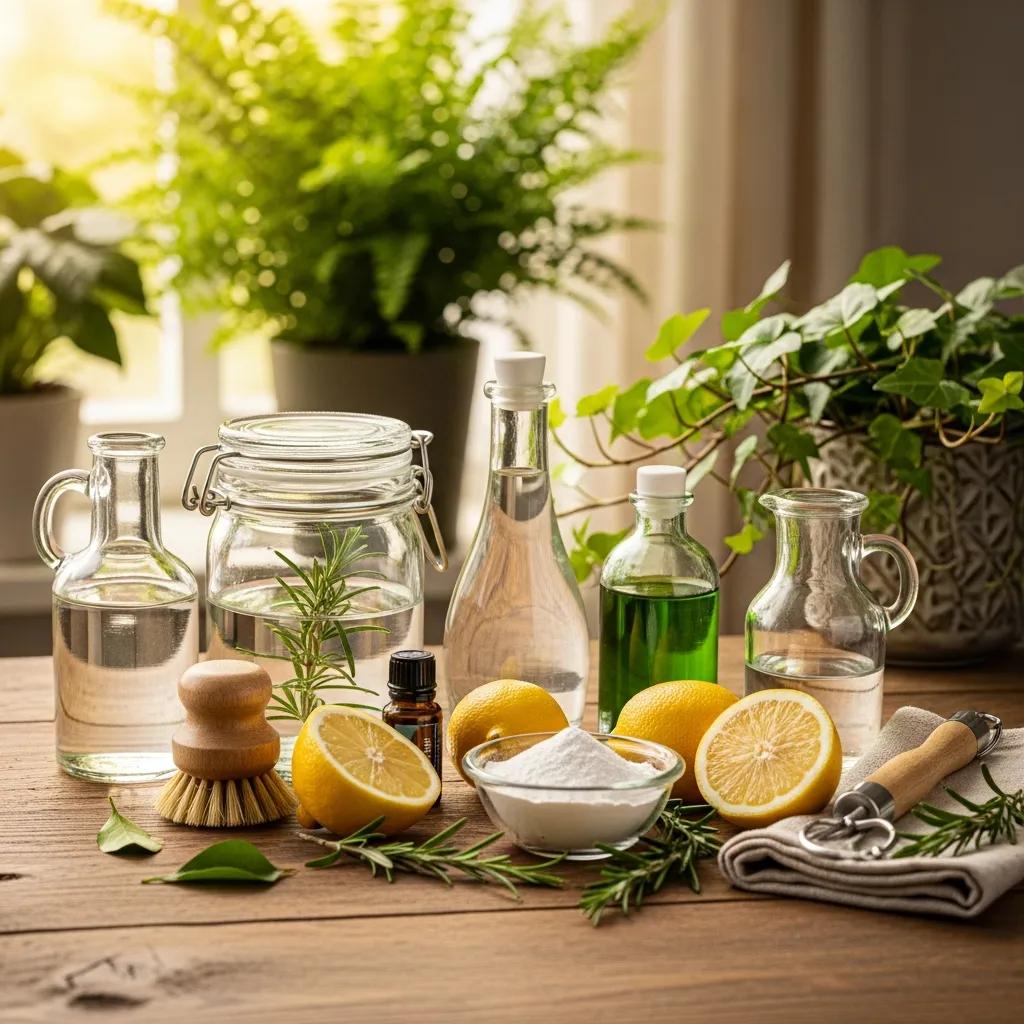 Eco-friendly cleaning products for concrete surfaces, featuring natural ingredients like lemons, essential oils, and herbs, arranged on a wooden table with greenery in the background.
