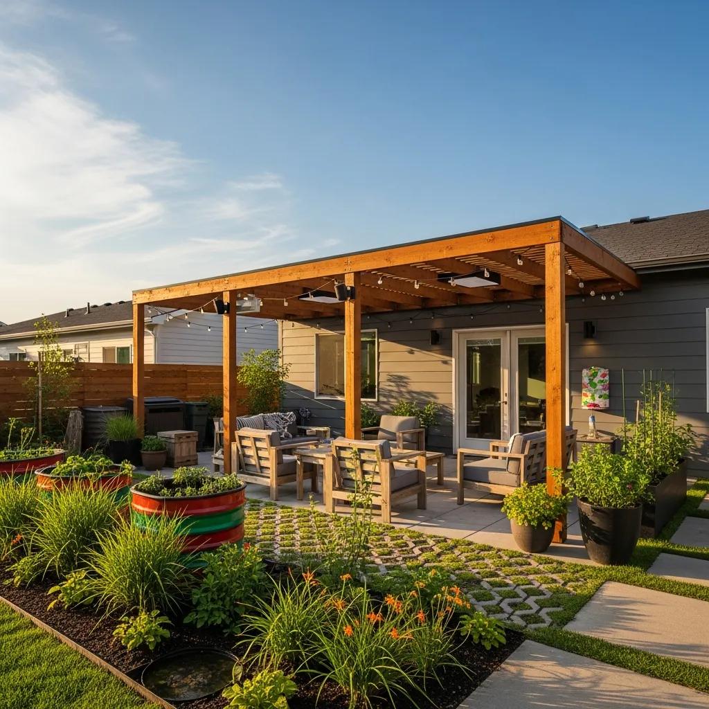 Eco-friendly patio with sustainable materials and smart lighting solutions