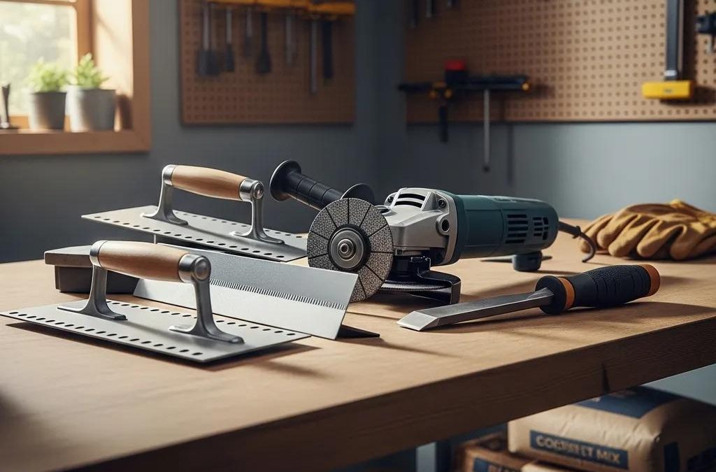 Essential DIY concrete repair tools on a workbench, including trowels, a float, a grinder, and a chisel, highlighting essential equipment for homeowners and property managers.