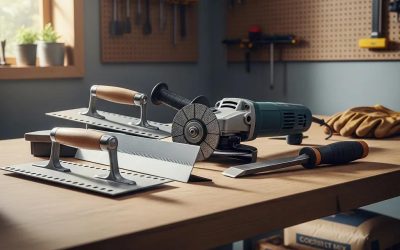 Essential DIY concrete repair tools including trowel, float, grinder, and chisel on a workbench, highlighting key equipment for effective home repairs.