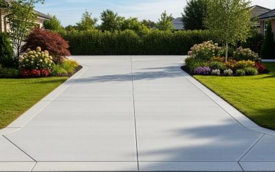 Freshly installed concrete driveway in a suburban setting, surrounded by colorful flower beds and green grass, showcasing quality craftsmanship by Morici Bros Concrete.