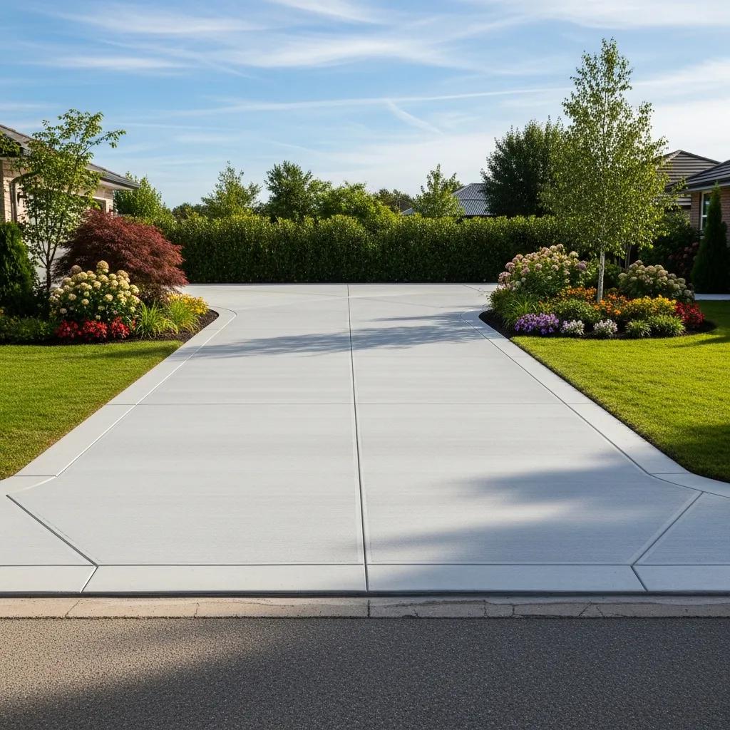 Freshly installed concrete driveway in a suburban setting, surrounded by colorful landscaping and greenery, under a clear blue sky, highlighting quality concrete driveway installation in Cudahy, WI.